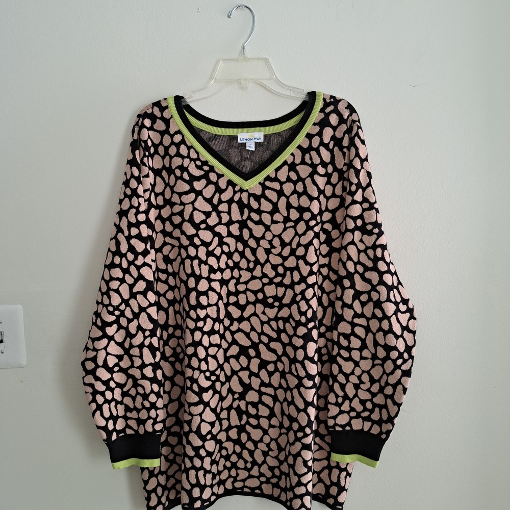 LEMON WAY Leopard Print V Neck Sweater Long Sleeve Women Plus Size‎ 2X